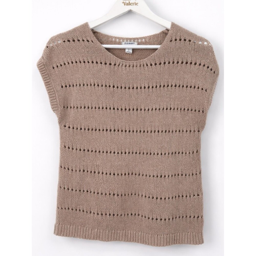 Old Navy Taupe Knit Sweater Top Pointelle Short Sleeve Cotton Tee Size Small